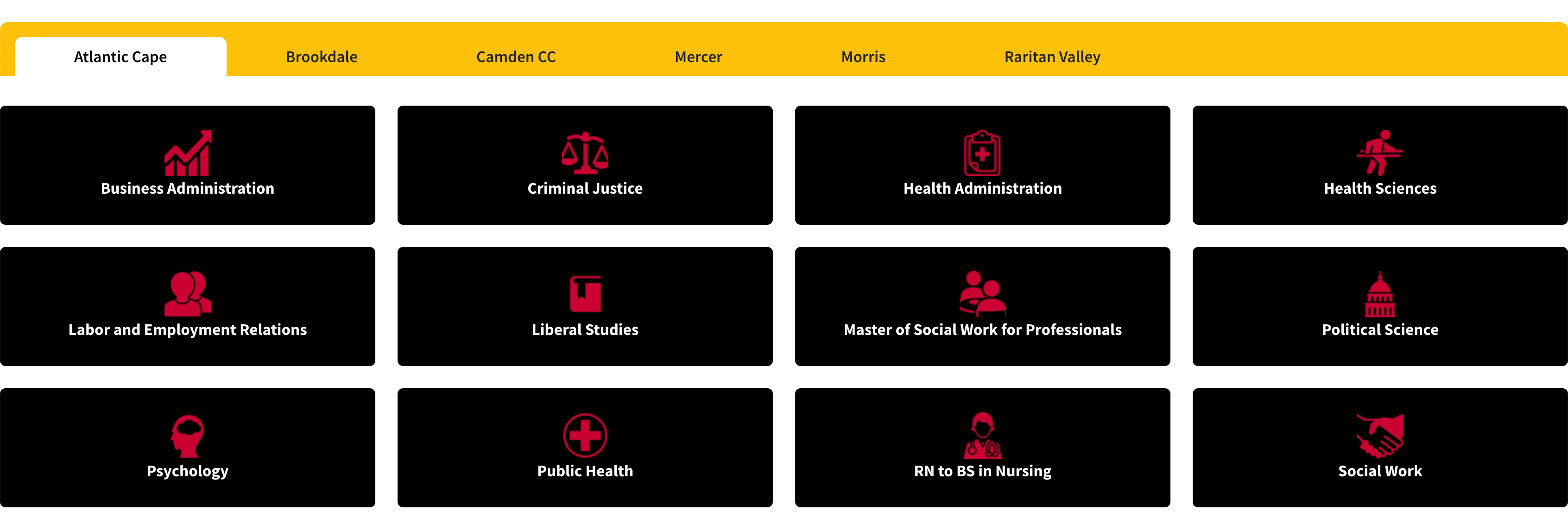 Degree programs page showing a 4-column grid of program cards with icons including Business Administration, Criminal Justice, Health Administration, Health Sciences, Labor and Employment Relations, Liberal Studies, Master of Social Work, Political Science, Psychology, Public Health, RN to BS in Nursing, and Social Work